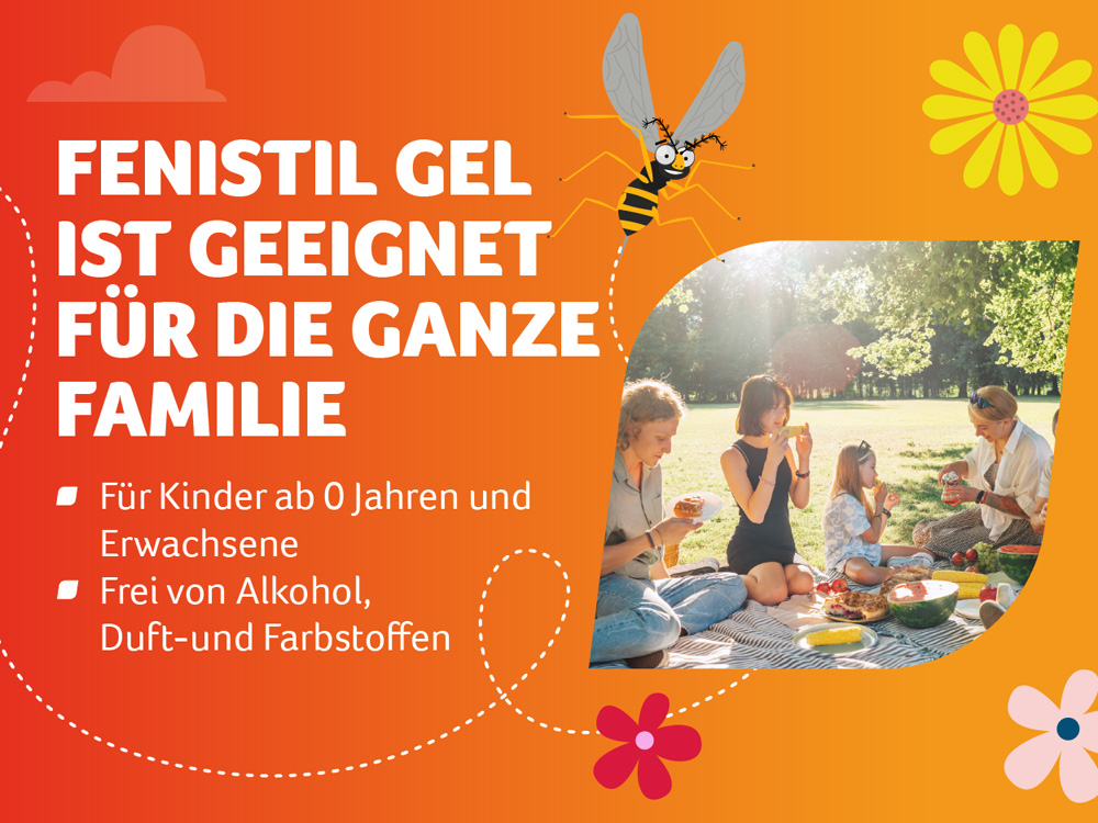 Grafik mit Insekt und Fenistil Gel. Text: Die Nr. 1 bei Insektenstichen. IQVIA-Bericht.